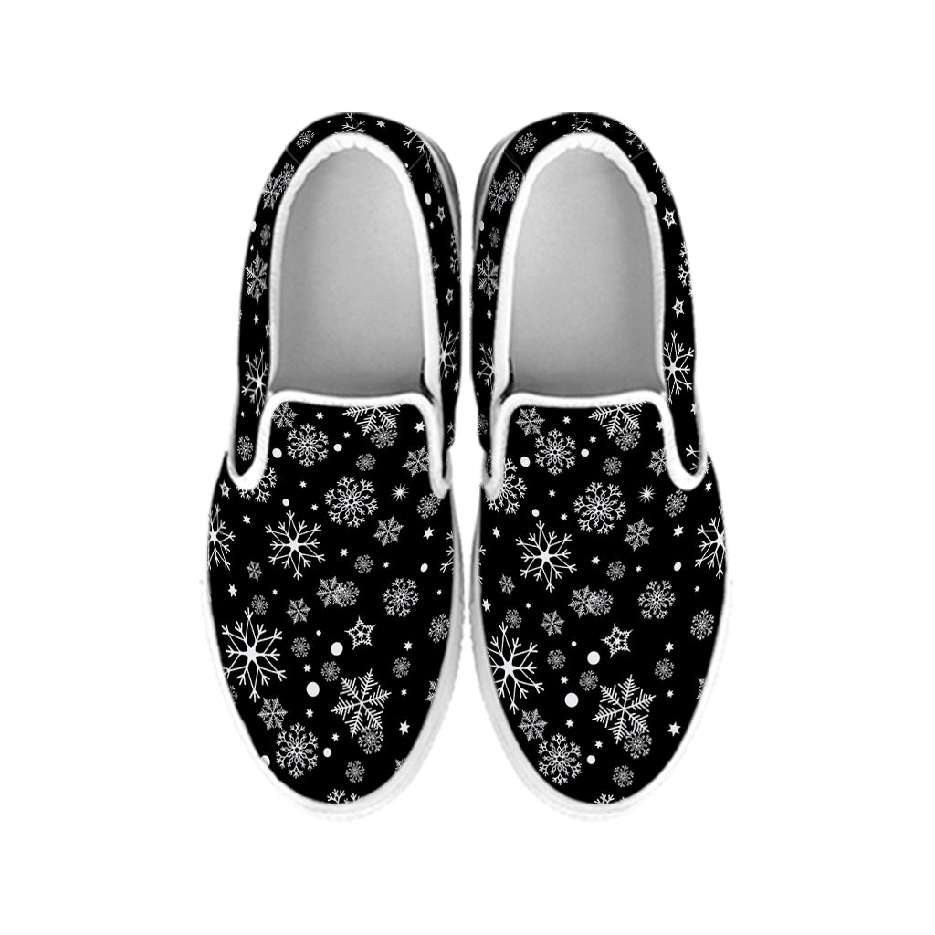Black And White Snowflake Pattern Print White Slip On Shoes