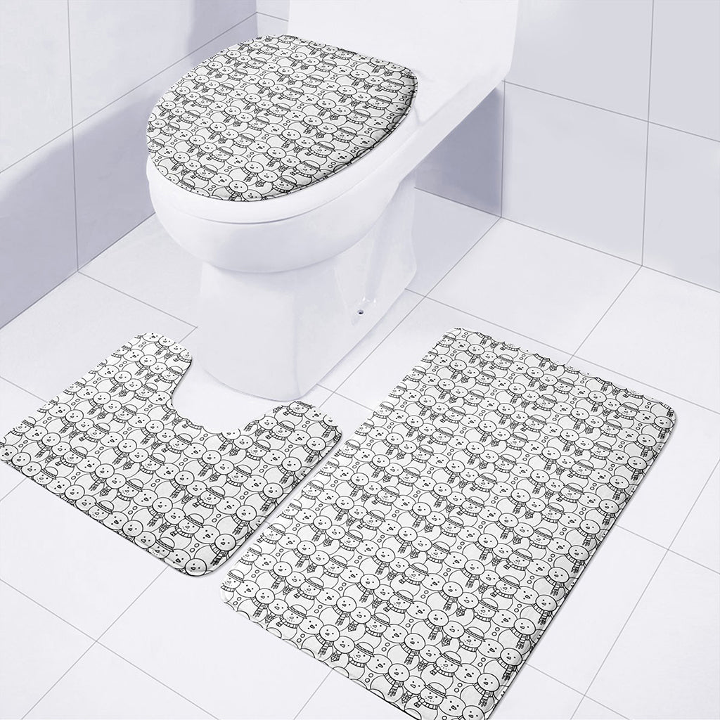 Black And White Snowman Pattern Print 3 Piece Bath Mat Set