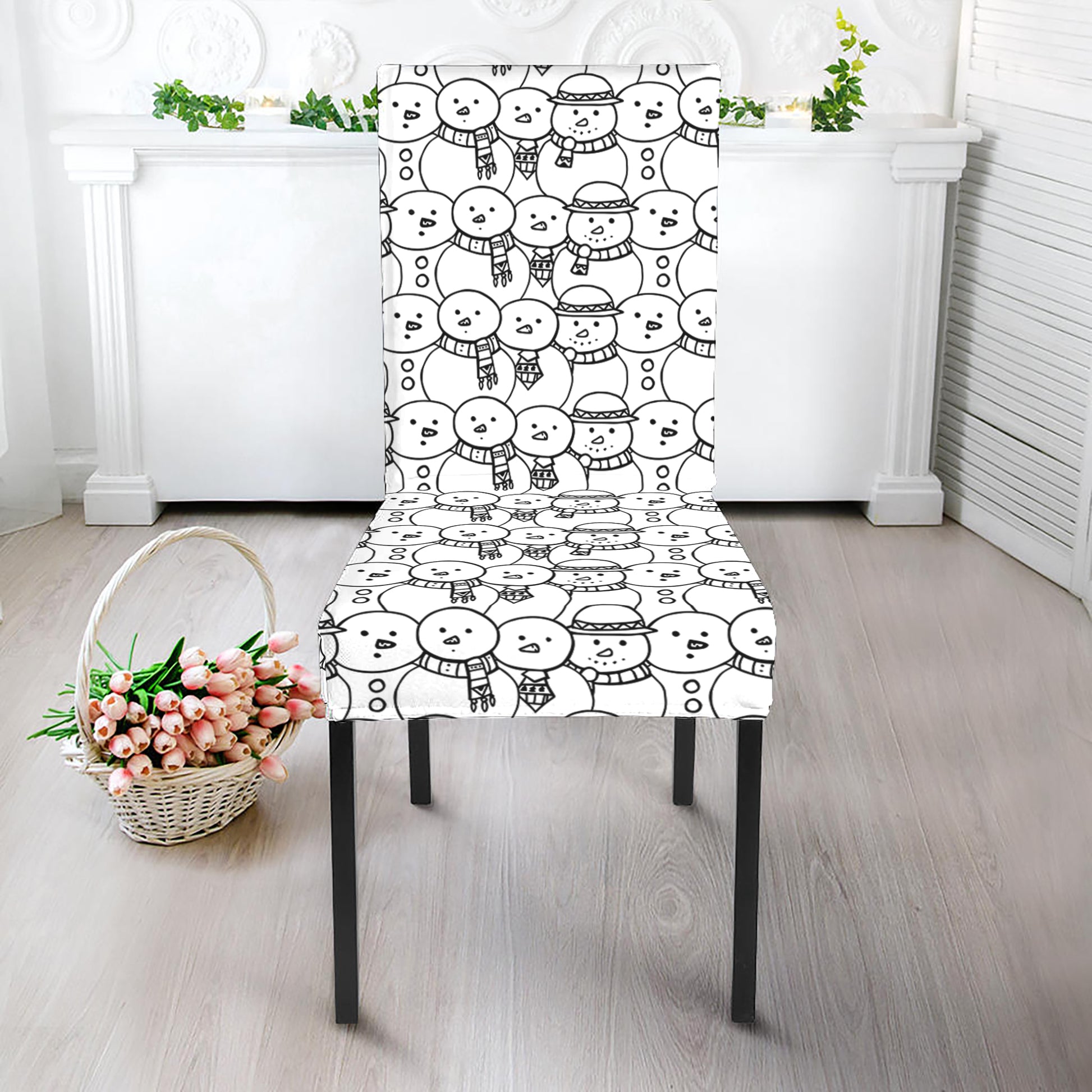 Black And White Snowman Pattern Print Dining Chair Slipcover