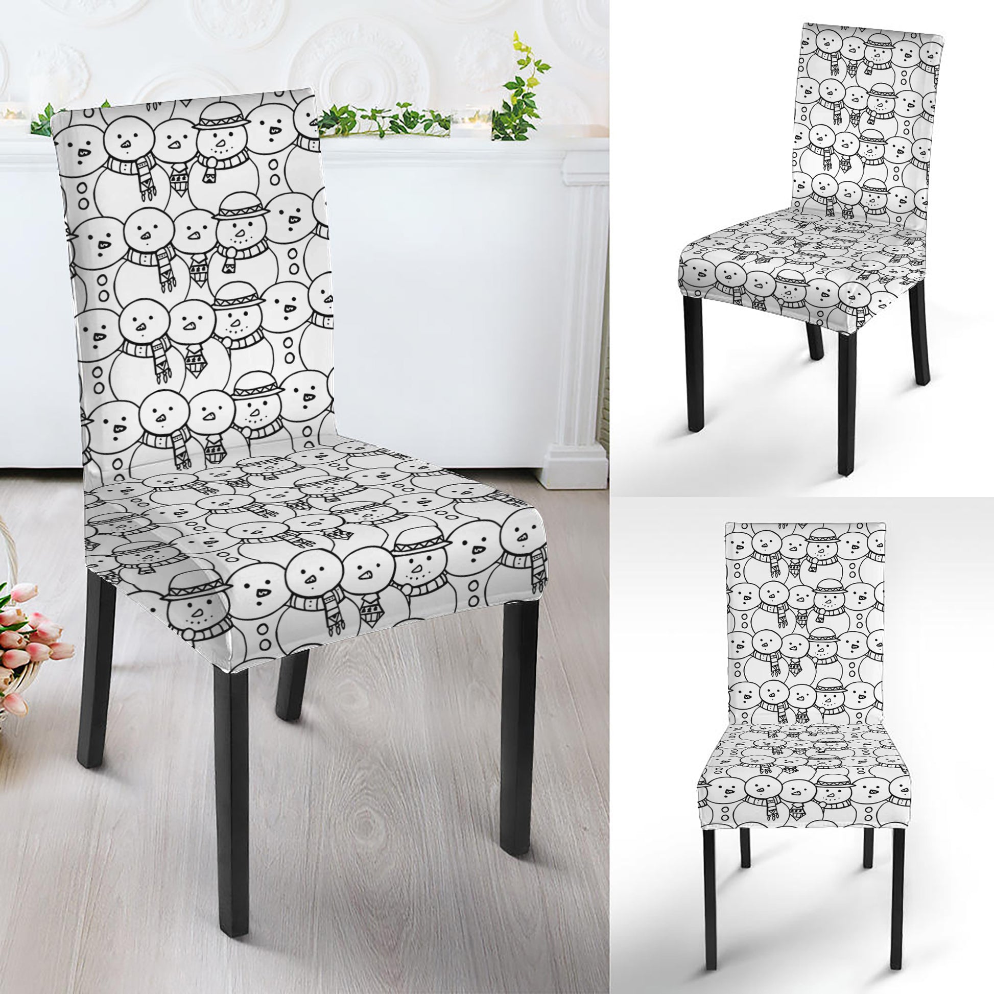 Black And White Snowman Pattern Print Dining Chair Slipcover
