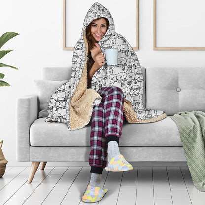 Black And White Snowman Pattern Print Hooded Blanket