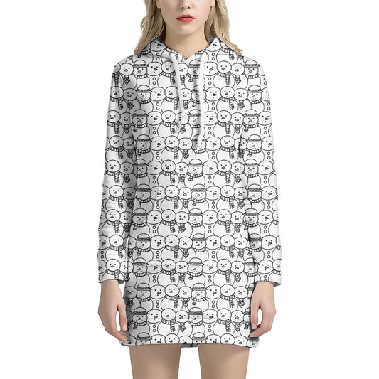 Black And White Snowman Pattern Print Hoodie Dress