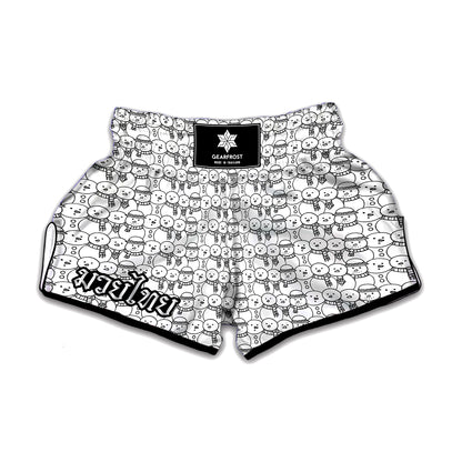 Black And White Snowman Pattern Print Muay Thai Boxing Shorts