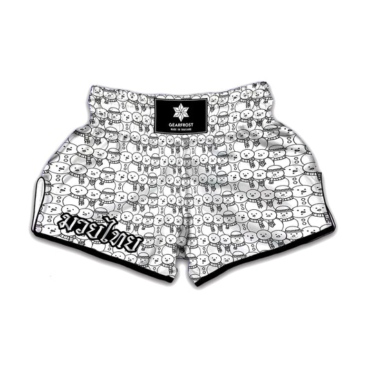 Black And White Snowman Pattern Print Muay Thai Boxing Shorts
