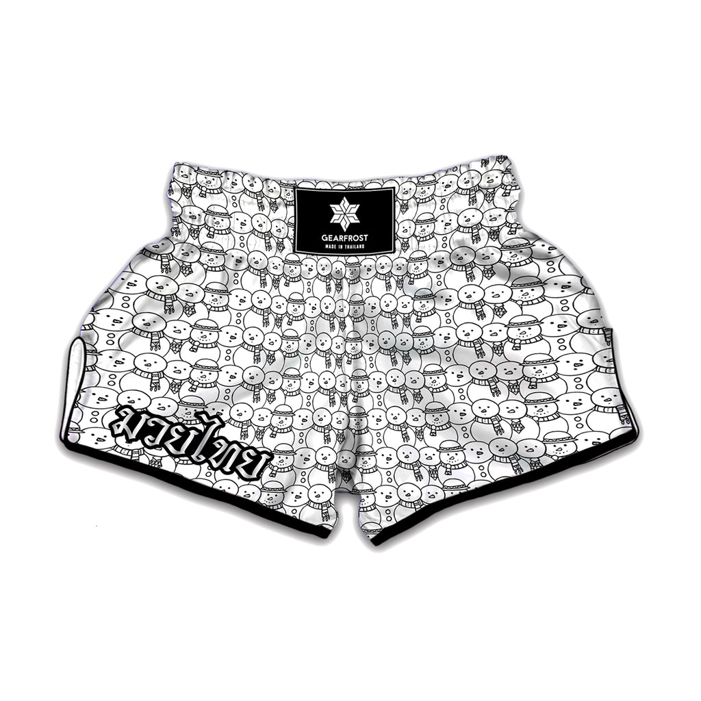 Black And White Snowman Pattern Print Muay Thai Boxing Shorts