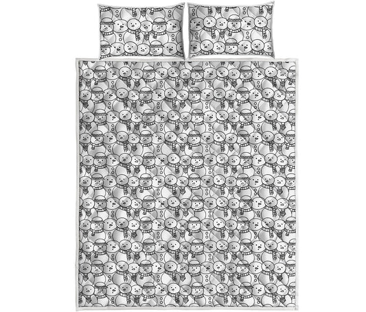 Black And White Snowman Pattern Print Quilt Bed Set