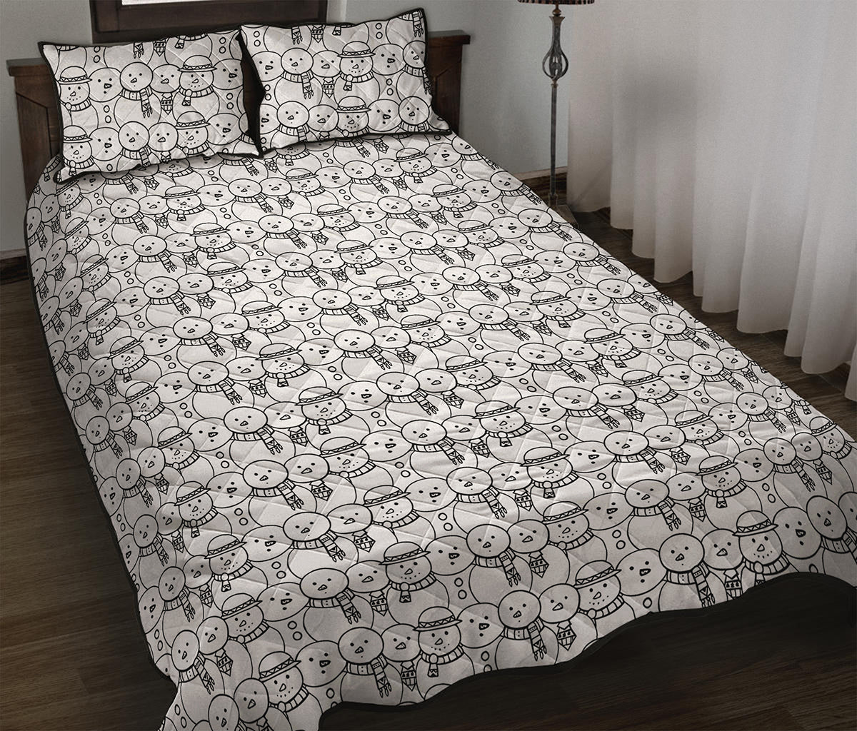Black And White Snowman Pattern Print Quilt Bed Set