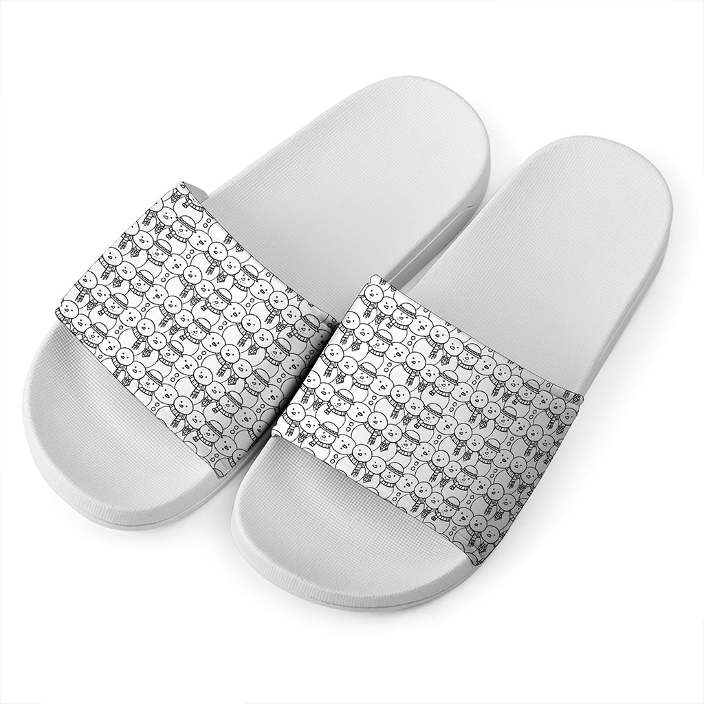 Black And White Snowman Pattern Print White Slide Sandals