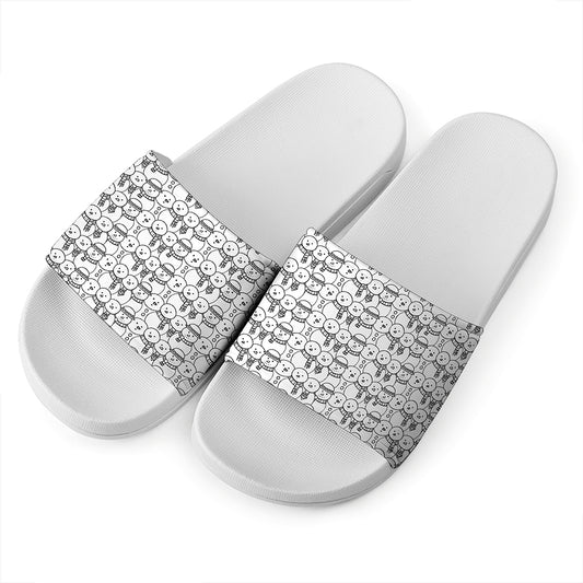 Black And White Snowman Pattern Print White Slide Sandals