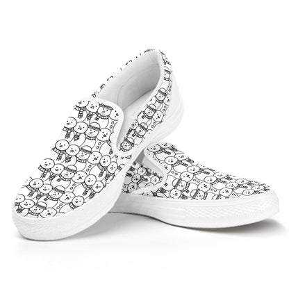 Black And White Snowman Pattern Print White Slip On Shoes