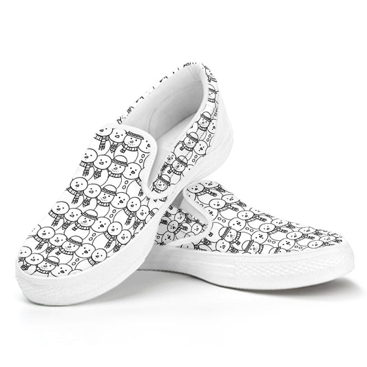 Black And White Snowman Pattern Print White Slip On Shoes