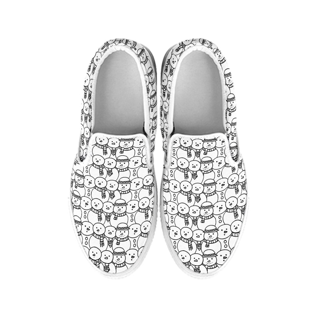 Black And White Snowman Pattern Print White Slip On Shoes
