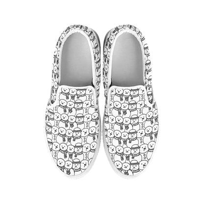 Black And White Snowman Pattern Print White Slip On Shoes