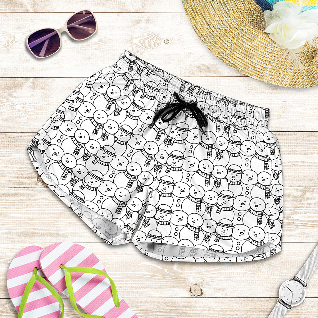 Black And White Snowman Pattern Print Women's Shorts