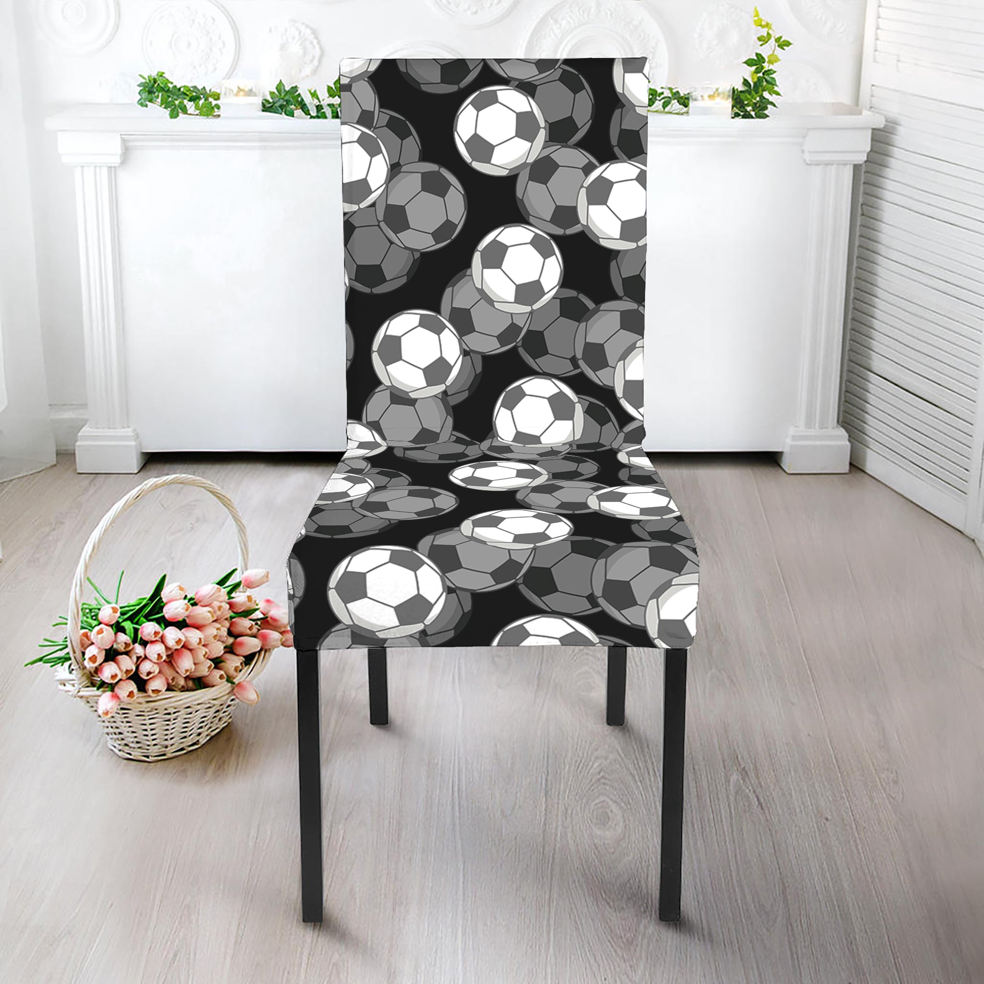 Black And White Soccer Ball Print Dining Chair Slipcover