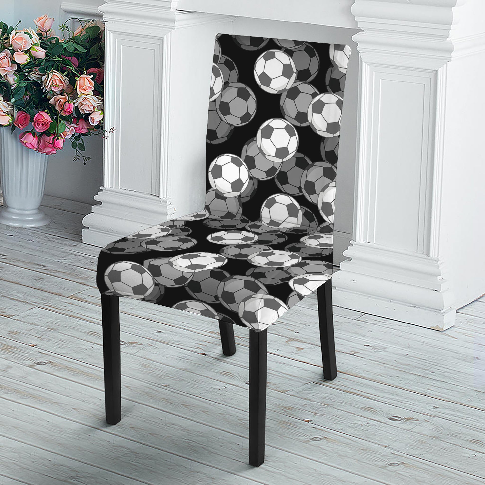 Black And White Soccer Ball Print Dining Chair Slipcover