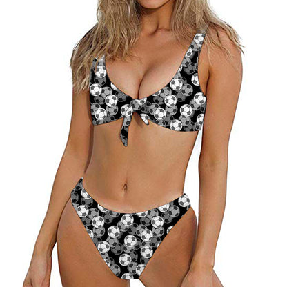 Black And White Soccer Ball Print Front Bow Tie Bikini