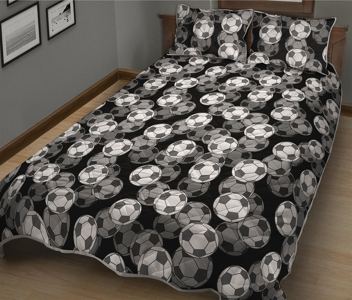 Black And White Soccer Ball Print Quilt Bed Set