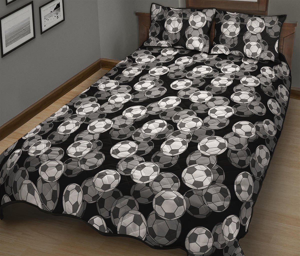Black And White Soccer Ball Print Quilt Bed Set
