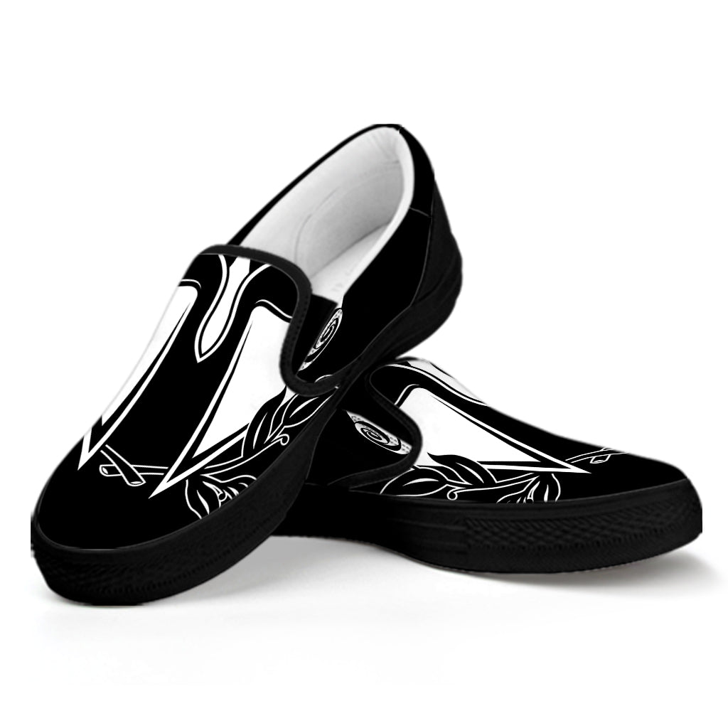 Black And White Spartan Helmet Print Black Slip On Shoes