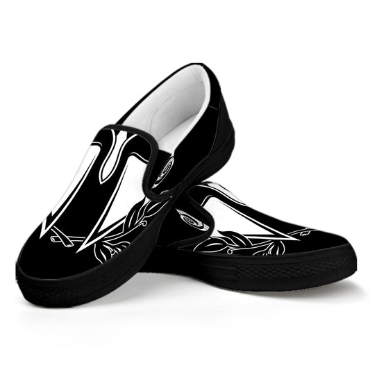 Black And White Spartan Helmet Print Black Slip On Shoes