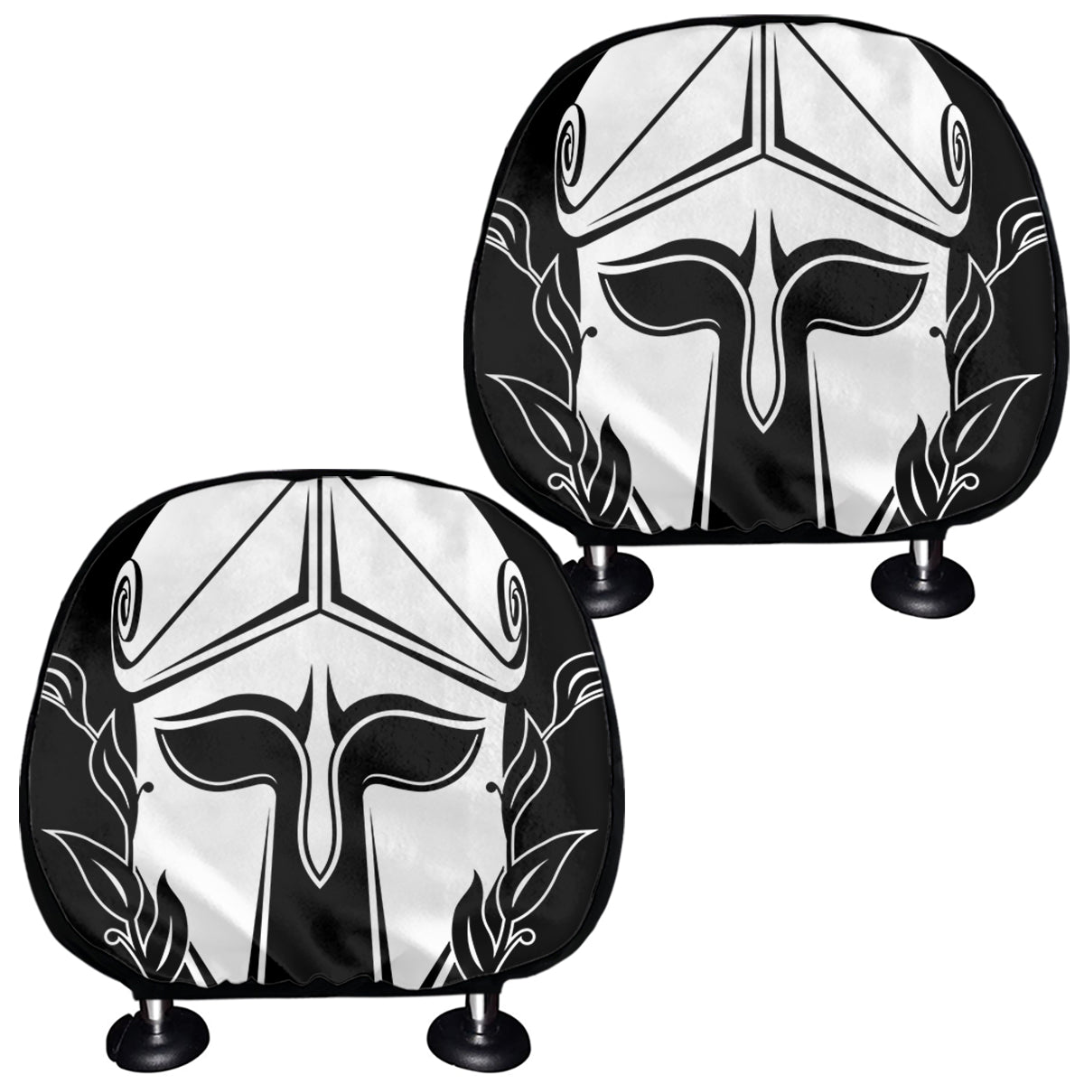 Black And White Spartan Helmet Print Car Headrest Covers
