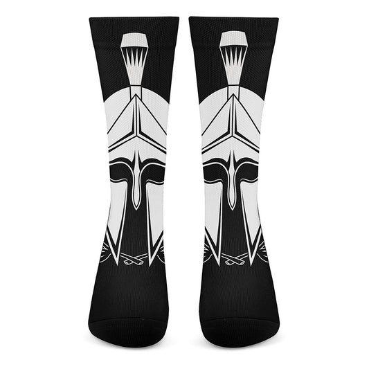 Black And White Spartan Helmet Print Crew Socks