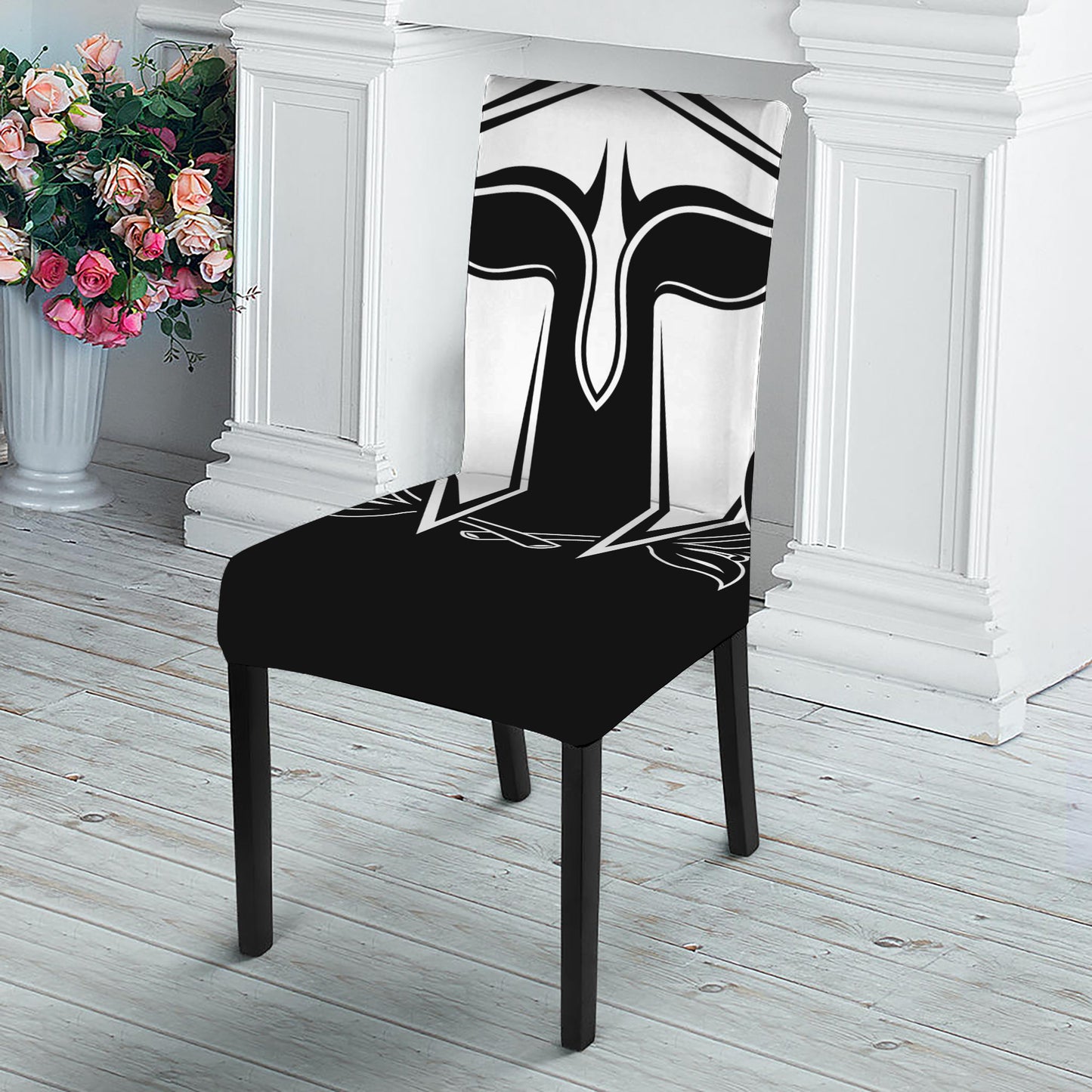 Black And White Spartan Helmet Print Dining Chair Slipcover