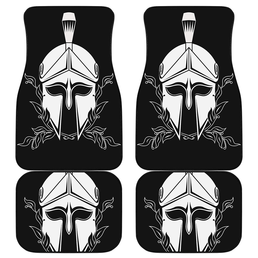 Black And White Spartan Helmet Print Front and Back Car Floor Mats