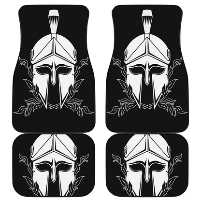 Black And White Spartan Helmet Print Front and Back Car Floor Mats
