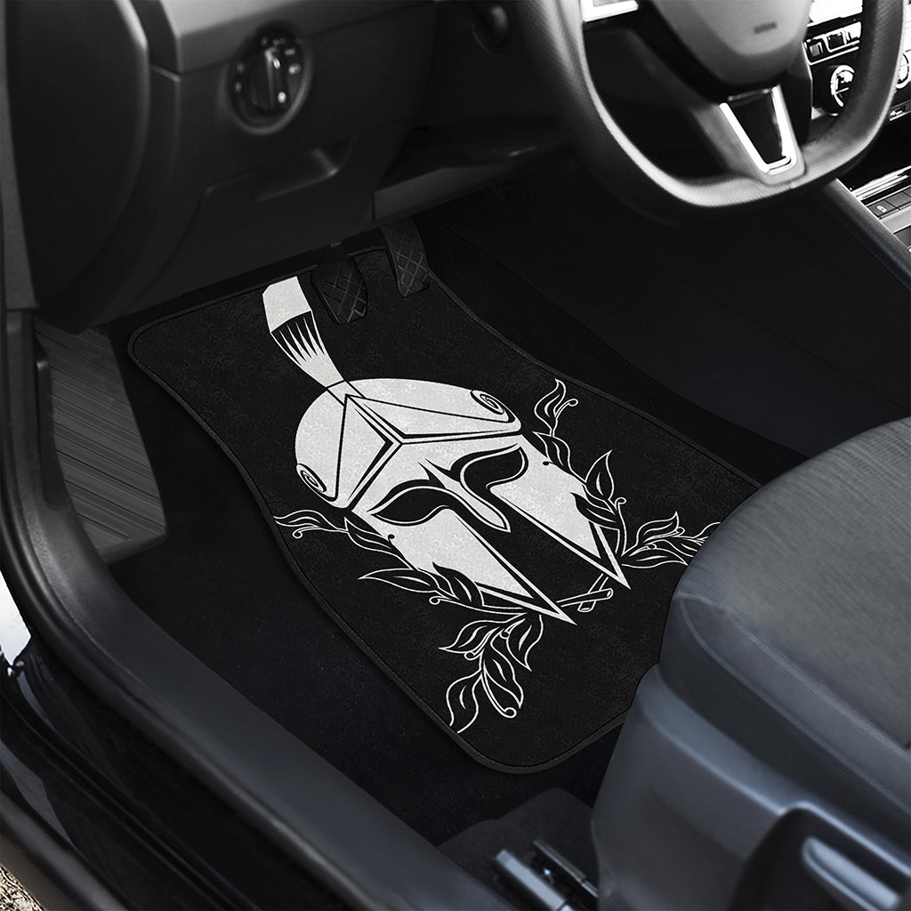Black And White Spartan Helmet Print Front and Back Car Floor Mats