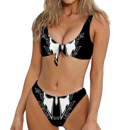 Black And White Spartan Helmet Print Front Bow Tie Bikini
