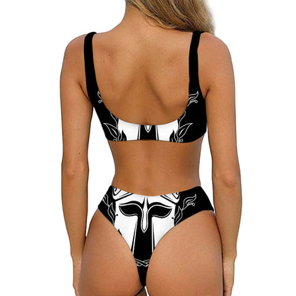 Black And White Spartan Helmet Print Front Bow Tie Bikini