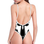 Black And White Spartan Helmet Print High Cut One Piece Swimsuit
