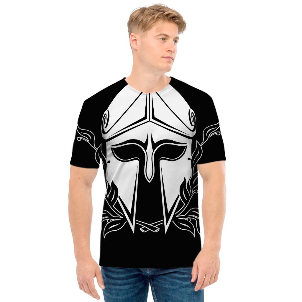 Black And White Spartan Helmet Print Men's T-Shirt