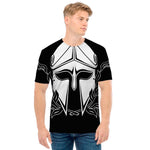 Black And White Spartan Helmet Print Men's T-Shirt