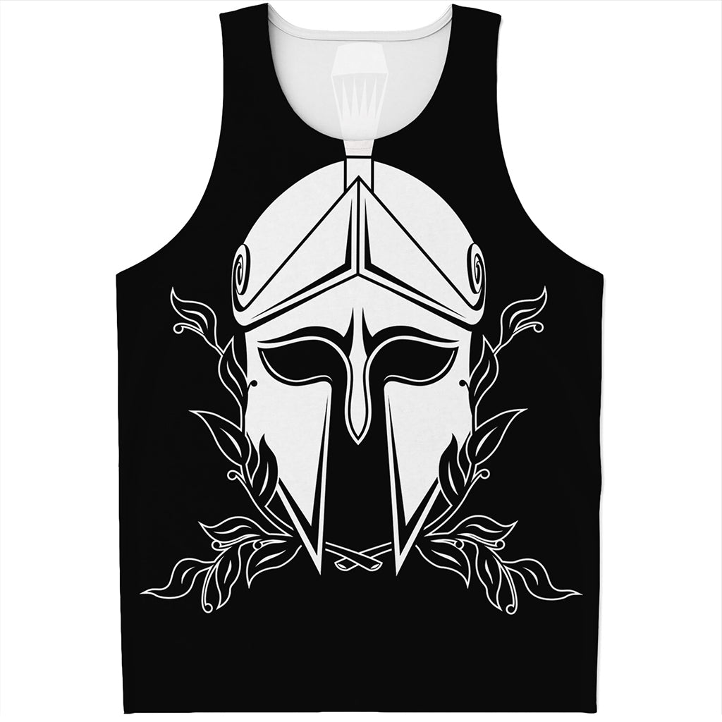 Black And White Spartan Helmet Print Men's Tank Top