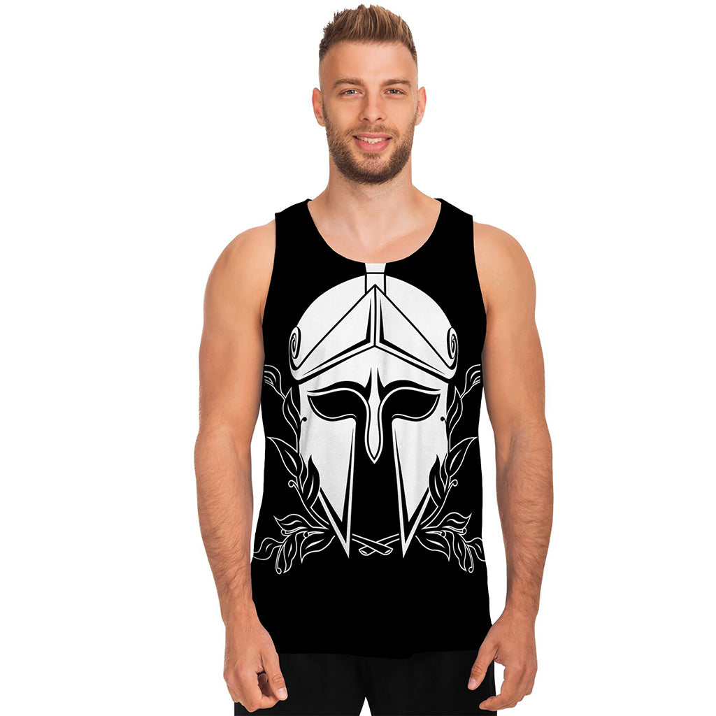 Black And White Spartan Helmet Print Men's Tank Top