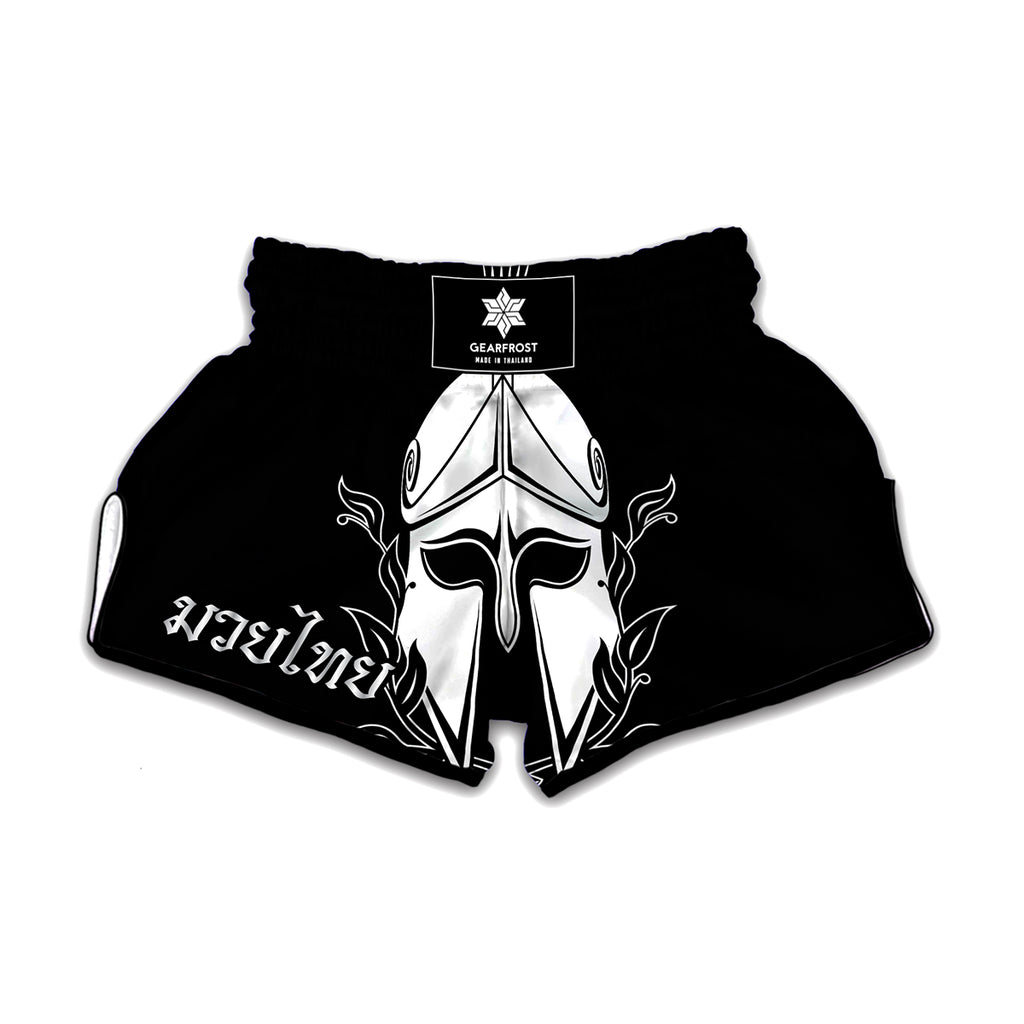 Black And White Spartan Helmet Print Muay Thai Boxing Shorts