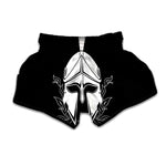 Black And White Spartan Helmet Print Muay Thai Boxing Shorts