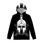 Black And White Spartan Helmet Print Pullover Hoodie