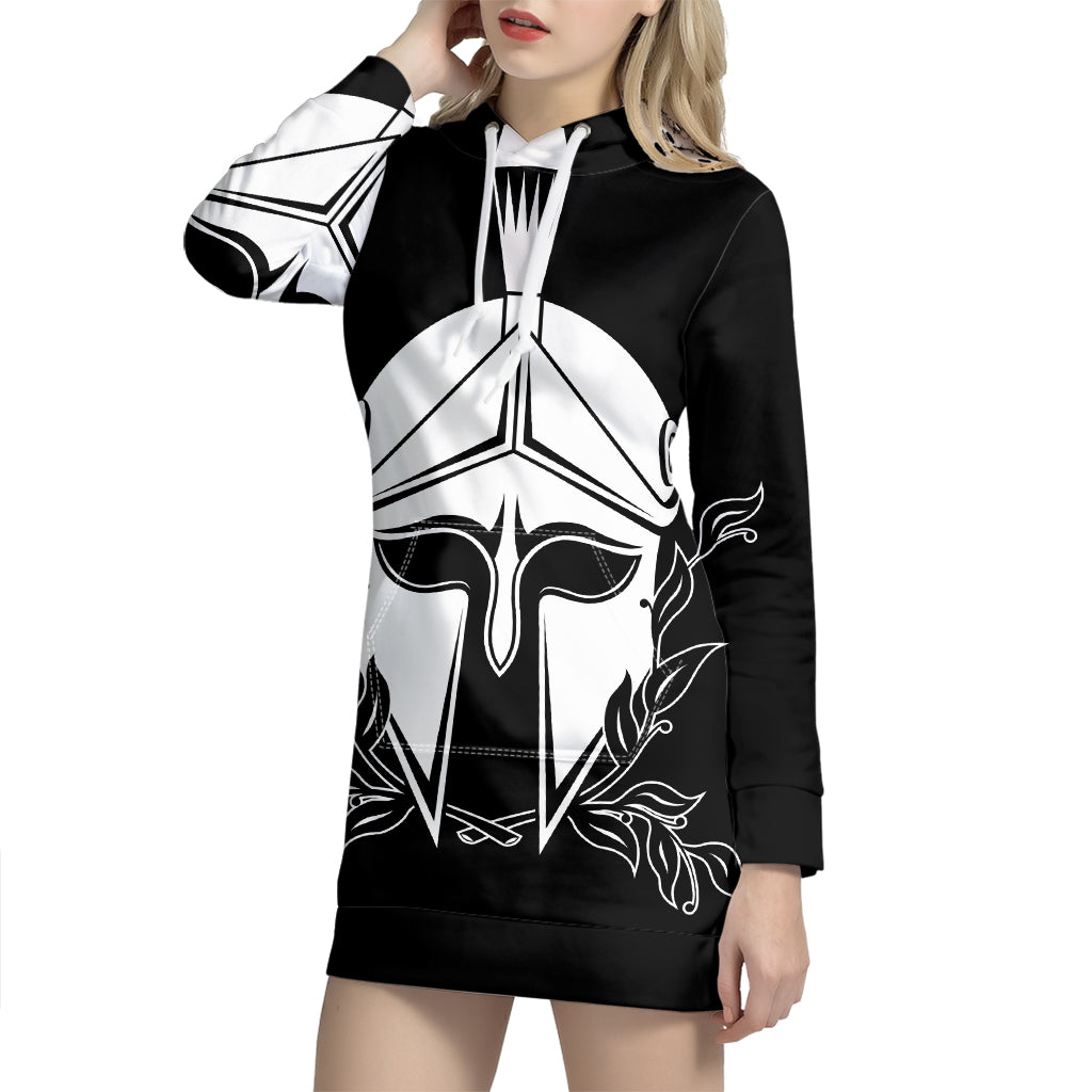 Black And White Spartan Helmet Print Pullover Hoodie Dress