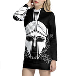 Black And White Spartan Helmet Print Pullover Hoodie Dress