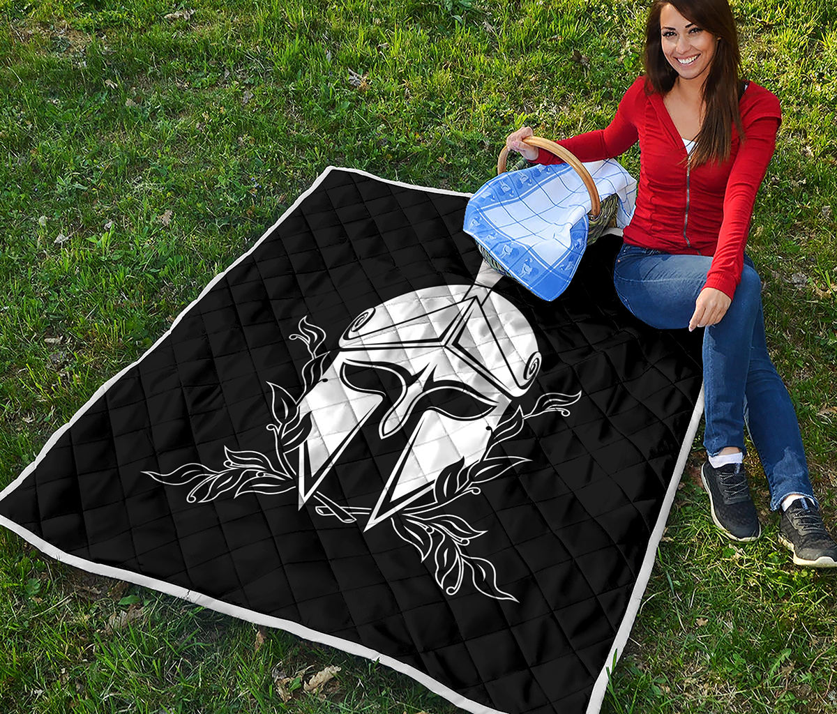 Black And White Spartan Helmet Print Quilt