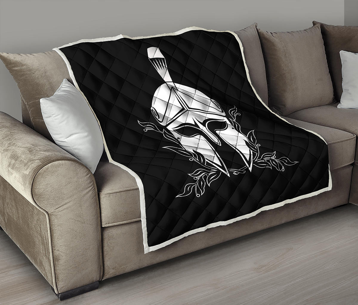 Black And White Spartan Helmet Print Quilt