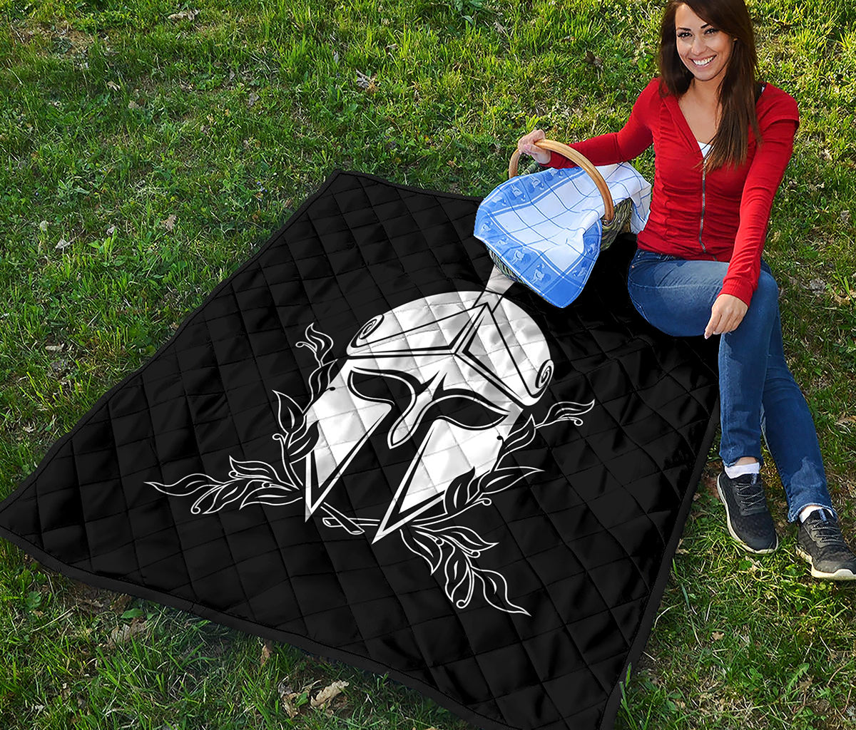 Black And White Spartan Helmet Print Quilt