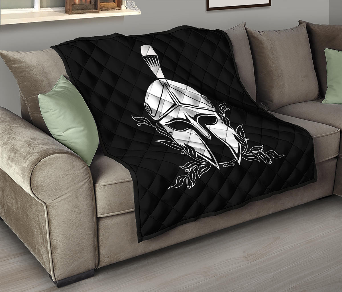 Black And White Spartan Helmet Print Quilt
