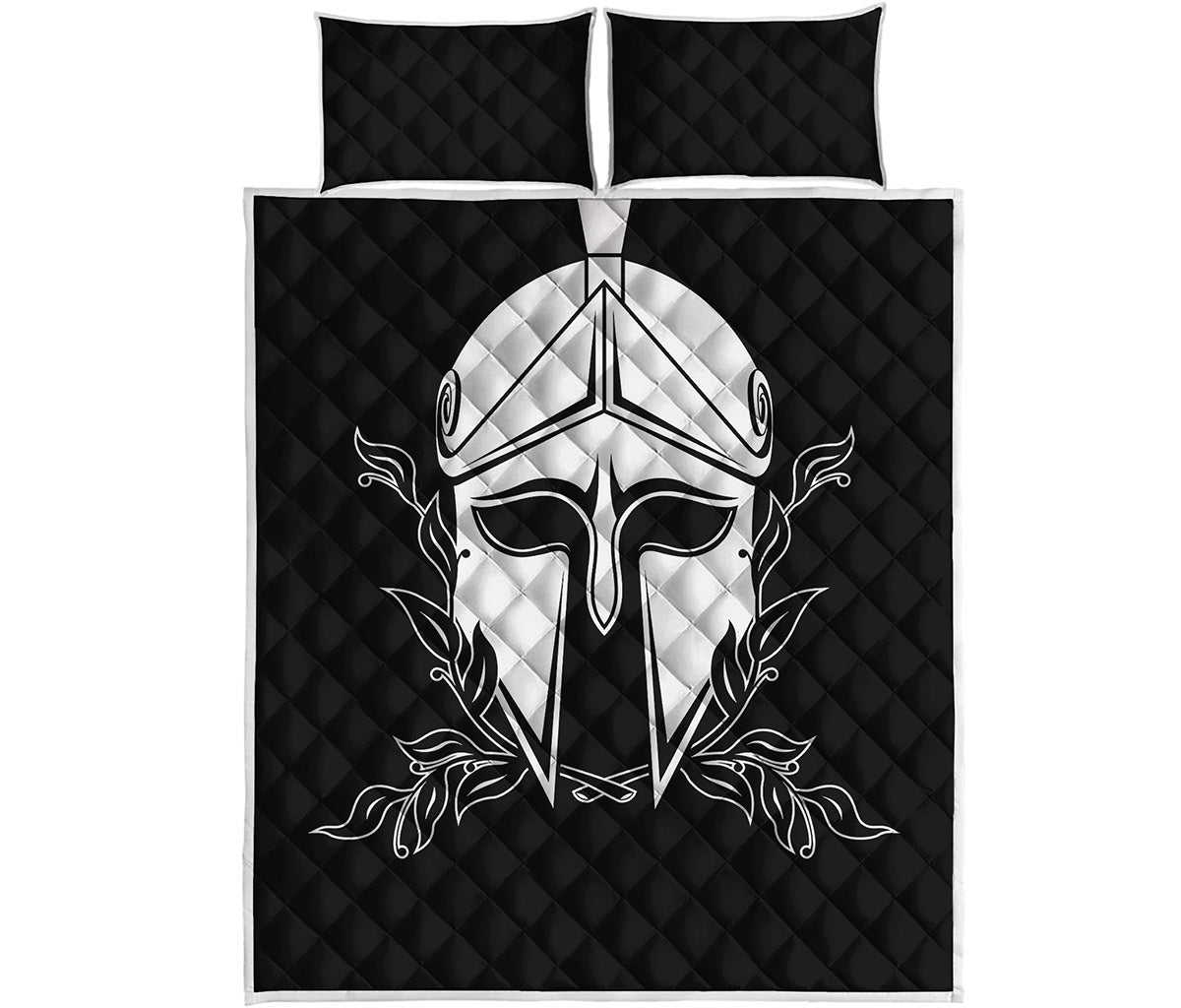 Black And White Spartan Helmet Print Quilt Bed Set