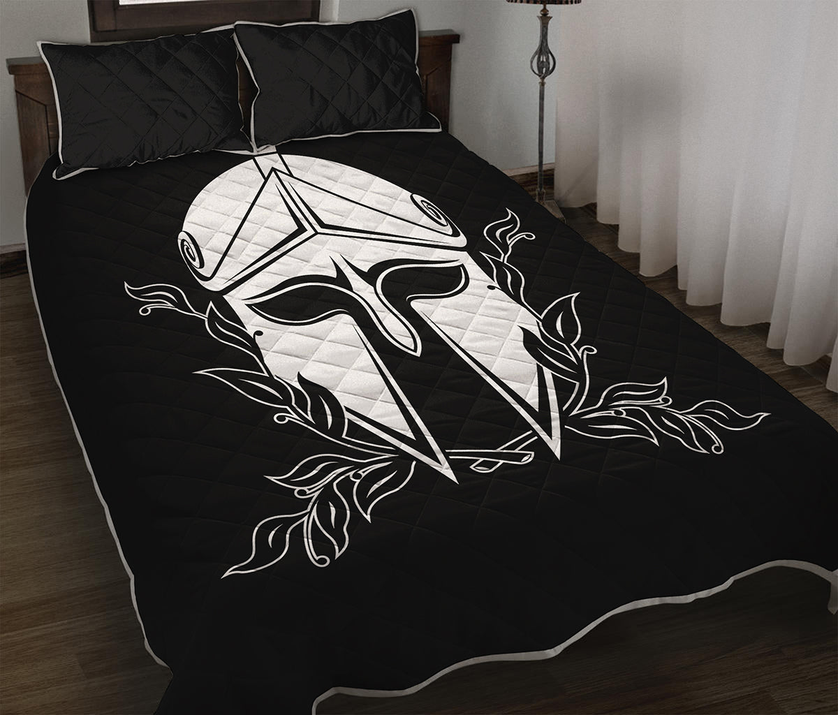 Black And White Spartan Helmet Print Quilt Bed Set