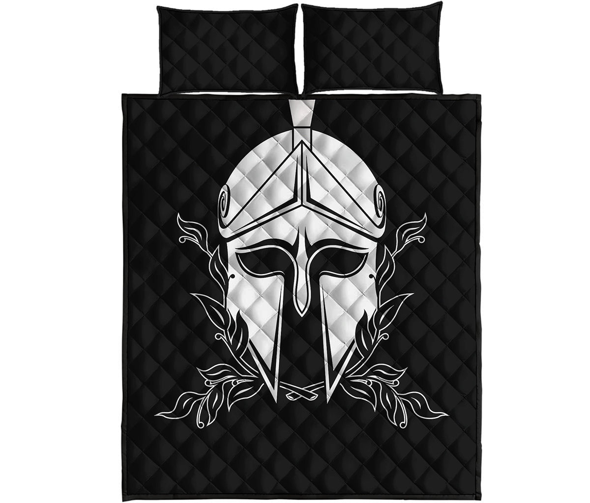 Black And White Spartan Helmet Print Quilt Bed Set